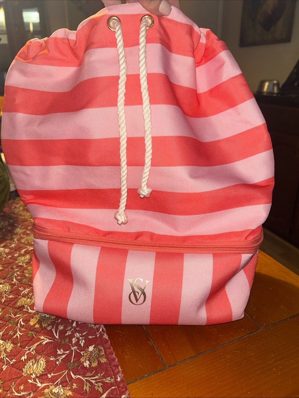 Victoria's Secret Pink & Coral Striped Drawstring Backpack